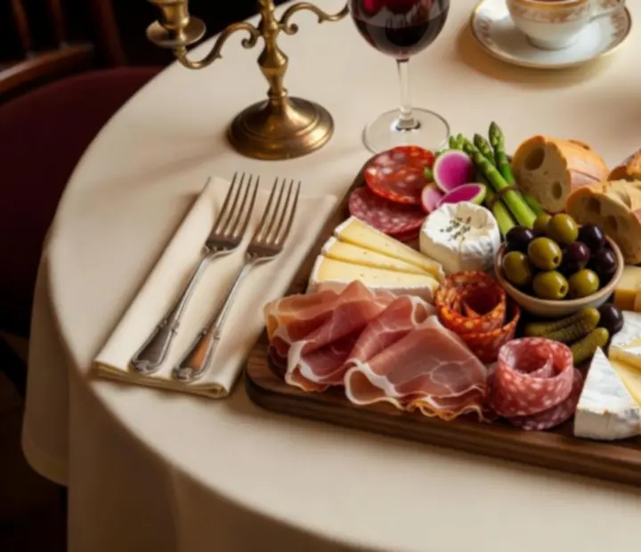 Elegánsan tálalt charcuterie és előétel válogatás fa tálcán