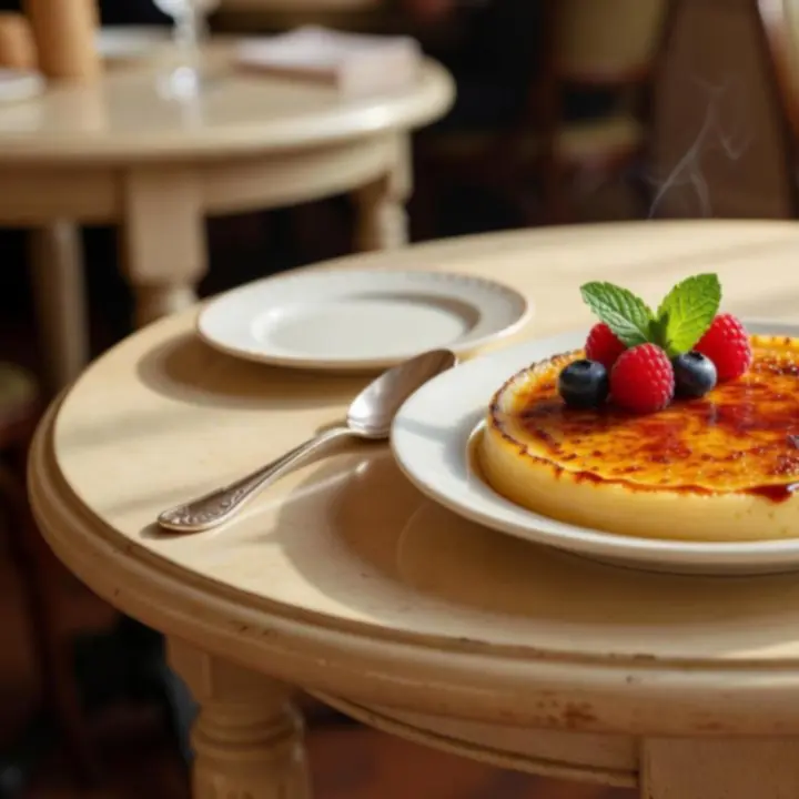 Crème brûlée karamellizált cukor réteggel elegáns desszerttányéron